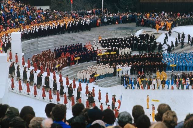 Innsbruck, Austria. Delegations of member countries participate in the 1976 Winter Olympics Opening Ceremony at the Bergisel Ski Jump Stadium. Valery Zufarov, Vyacheslav Un Da-Sin TASS  1828368