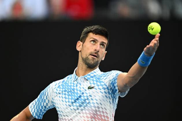 TENNIS AUSTRALIAN OPEN, Novak Djokovic of Serbia serves during his Quarterfinal match agains Andrey Rublev at the 2023 Australian Open tennis tournament at Melbourne Park in Melbourne, Wednesday, January 25, 2023. ( NO ARCHIVING, EDITORIAL USE ONLY, NO USE IN BOOKS WITHOUT CONSENT MELBOURNE VICTORIA AUSTRALIA  Copyright: xLUKASxCOCHx 20230125001756405619