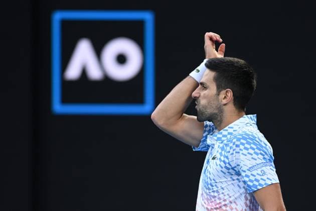 TENNIS AUSTRALIAN OPEN, Novak Djokovic of Serbia reacts during his Quarterfinal match agains Andrey Rublev at the 2023 Australian Open tennis tournament at Melbourne Park in Melbourne, Wednesday, January 25, 2023. ( NO ARCHIVING, EDITORIAL USE ONLY, NO USE IN BOOKS WITHOUT CONSENT MELBOURNE VICTORIA AUSTRALIA  Copyright: xJAMESxROSSx 20230125001756406815