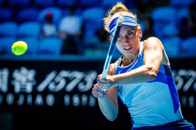 Belgian Elise Mertens pictured in action during a tennis match between Belgian-US pair Mertens-Hunter and Ukrainian-Romanian pair Kostyuk-Ruse, the quarter-finals of the women s doubles at the Australian Open tennis Grand Slam, Wednesday 25 January 2023 in Melbourne Park, Melbourne, Australia. PATRICKxHAMILTON  x58739413x