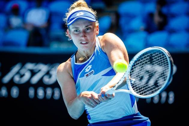 Belgian Elise Mertens pictured in action during a tennis match between Belgian-US pair Mertens-Hunter and Ukrainian-Romanian pair Kostyuk-Ruse, the quarter-finals of the women s doubles at the Australian Open tennis Grand Slam, Wednesday 25 January 2023 in Melbourne Park, Melbourne, Australia. PATRICKxHAMILTON  x58739414x