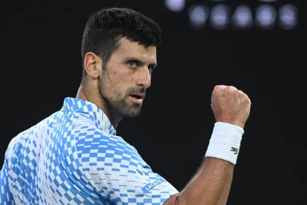 TENNIS AUSTRALIAN OPEN, Novak Djokovic of Serbia reacts during his Quarterfinal match against Andrey Rublev at the 2023 Australian Open tennis tournament at Melbourne Park in Melbourne, Wednesday, January 25, 2023. ( NO ARCHIVING, EDITORIAL USE ONLY, NO USE IN BOOKS WITHOUT CONSENT MELBOURNE VICTORIA AUSTRALIA  Copyright: xJAMESxROSSx 20230125001756412503