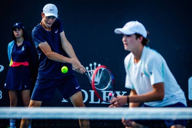 Belgian Alexander Blockx and Brazilian Joao Fonseca pictured in action during a tennis match between Belgian-Brazilian pair Blockx-Fonseca and Canadian South Korean pair Rice-Roh, in round 2 of the junior boys doubles at the Australian Open tennis Grand Slam, Wednesday 25 January 2023 in Melbourne Park, Melbourne, Australia. PATRICKxHAMILTON  x58740435x