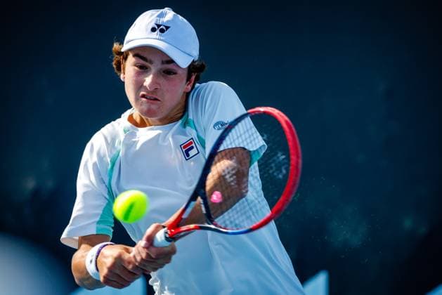 Brazilian Joao Fonseca pictured in action during a tennis match between Belgian-Brazilian pair Blockx-Fonseca and Canadian South Korean pair Rice-Roh, in round 2 of the junior boys doubles at the Australian Open tennis Grand Slam, Wednesday 25 January 2023 in Melbourne Park, Melbourne, Australia. PATRICKxHAMILTON  x58740521x