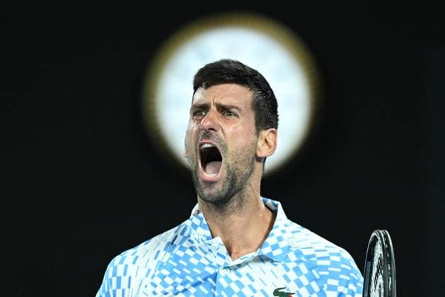 TENNIS AUSTRALIAN OPEN, Novak Djokovic of Serbia reacts during his Quarterfinal match agains Andrey Rublev at the 2023 Australian Open tennis tournament at Melbourne Park in Melbourne, Wednesday, January 25, 2023. ( NO ARCHIVING, EDITORIAL USE ONLY, NO USE IN BOOKS WITHOUT CONSENT MELBOURNE VICTORIA AUSTRALIA  Copyright: xJAMESxROSSx 20230125001756419635