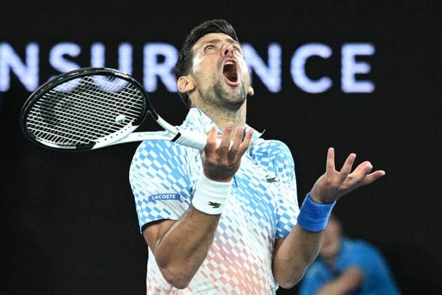 TENNIS AUSTRALIAN OPEN, Novak Djokovic of Serbia reacts during his Quarterfinal match agains Andrey Rublev at the 2023 Australian Open tennis tournament at Melbourne Park in Melbourne, Wednesday, January 25, 2023. ( NO ARCHIVING, EDITORIAL USE ONLY, NO USE IN BOOKS WITHOUT CONSENT MELBOURNE VICTORIA AUSTRALIA  Copyright: xJAMESxROSSx 20230125001756420422