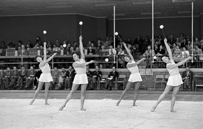 Melbourne, Australia. November 22 - December 8, 1956. Soviet rhythmic gymnasts Lyudmila Yegorova, Lidia Ivanova, Larisa Latynina and Sofia Muratova (L-R) perform their routine at the 1956 Summer Olympics. The exact date of the photograph is unknown. Vasily Yegorov TASS  1912864