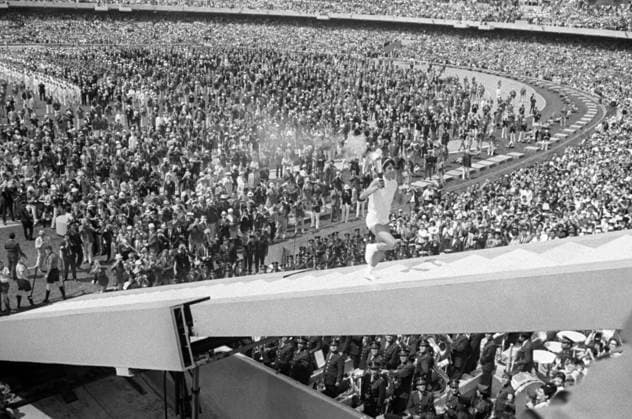 Mexico City, Mexico. October 12, 1968. Mexican runner Enriqueta Basilio rises to the bowl to light the Olympic flame at the opening ceremony of the 1968 Summer Olympics. Viktor Shandrin TASS  220385