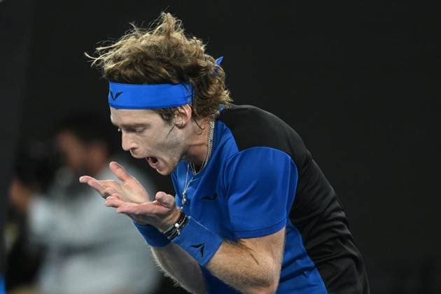 TENNIS AUSTRALIAN OPEN, Andrey Rublev in action during his Quarterfinal match against Novak Djokovic of Serbia at the 2023 Australian Open tennis tournament at Melbourne Park in Melbourne, Wednesday, January 25, 2023. ( NO ARCHIVING, EDITORIAL USE ONLY, NO USE IN BOOKS WITHOUT CONSENT MELBOURNE VICTORIA AUSTRALIA  Copyright: xJAMESxROSSx 20230125001756424397