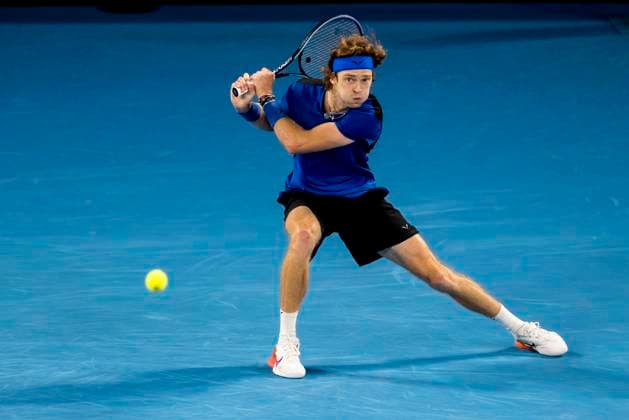 MELBOURNE, VIC - JANUARY 25: Andrey Rublev of Russia in action during the Quarterfinals of the 2023 Australian Open on January 25 2023, at Melbourne Park in Melbourne, Australia. (Photo by Jason Heidrich Icon Sportswire) TENNIS: JAN 25 Australian Open Icon230125181