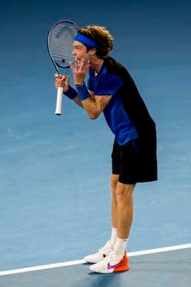 MELBOURNE, VIC - JANUARY 25: Andrey Rublev of Russia shows his frustration during the Quarterfinals of the 2023 Australian Open on January 25 2023, at Melbourne Park in Melbourne, Australia. (Photo by Jason Heidrich Icon Sportswire) TENNIS: JAN 25 Australian Open Icon230125188
