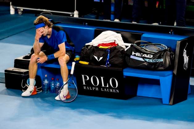 MELBOURNE, VIC - JANUARY 25: Andrey Rublev of Russia between change of ends showing his frustration during the Quarterfinals of the 2023 Australian Open on January 25 2023, at Melbourne Park in Melbourne, Australia. (Photo by Jason Heidrich Icon Sportswire) TENNIS: JAN 25 Australian Open Icon230125191