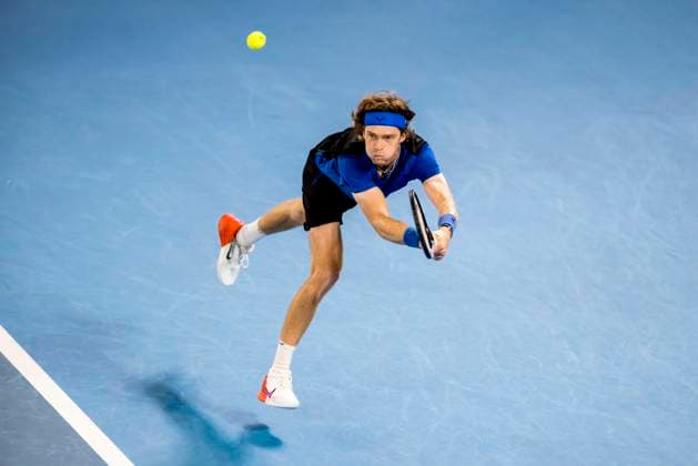 MELBOURNE, VIC - JANUARY 25: Andrey Rublev of Russia in action during the Quarterfinals of the 2023 Australian Open on January 25 2023, at Melbourne Park in Melbourne, Australia. (Photo by Jason Heidrich Icon Sportswire) TENNIS: JAN 25 Australian Open Icon230125194