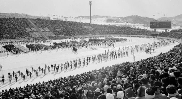 Sapporo, Japan. February 3, 1972. A view of the opening ceremony of the 1972 Winter Olympics at the Makomanai Sekisui Open Stadium. Viktor Budan TASS  32395331