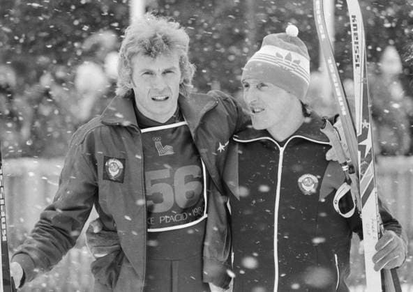 Lake Placid, USA. February, 1980. Soviet athletes Nikolai Zimyatov and Vasily Rochev (L-R) stand after winning gold and silver medals in the 30 km cross-country skiing race at the 1980 Winter Olympic Games, Olympische Spiele, Olympia, OS The exact date of the photograph is unknown. Alexander Yakovlev TASS  32395415