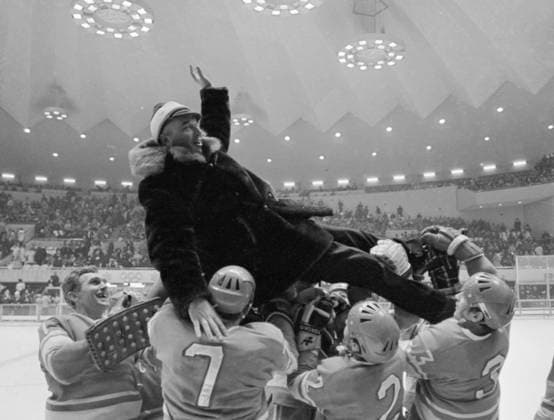 Sapporo, Japan. February 13, 1972. Soviet national hockey team coach Arkady Chernyshev and the players celebrate their gold medals in the Ice hockey, Eishockey tournament at the 1972 Winter Olympics after winning in the match against the Czechoslovakia team, which ended with a score of 5:2 for the USSR. Viktor Budan TASS  32431515