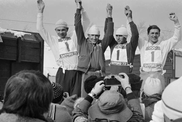 Sapporo, Japan. February 11, 1972. Soviet biathletes Viktor Mamatov, Ivan Byakov, Rinat Safin and Alexander Tikhonov (L-R) celebrate their gold medals in the 4x7.5 kilometre biathlon relay competition at the 1972 Winter Olympics. Viktor Budan TASS  32431517