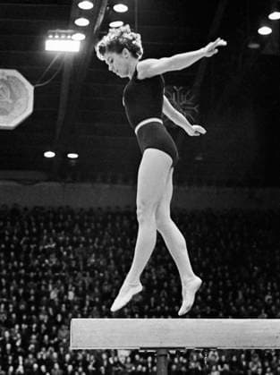 Moscow, USSR. April 22, 1958. All-around Olympic champion, World champion, European champion Larisa Latynina performs her balance beam routine at the USSR Artistic Gymnastics Individual Championship. Sergei Preobrazhensky TASS  606792