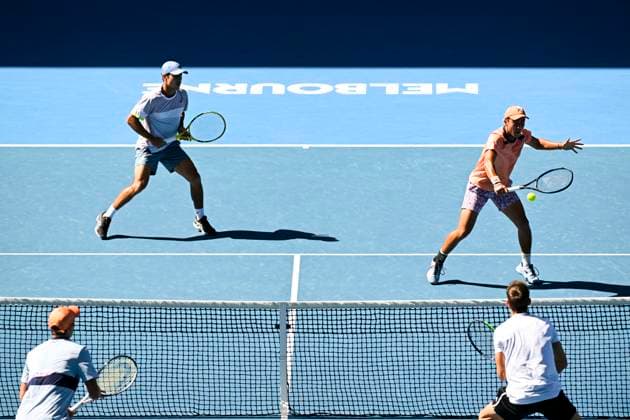 TENNIS AUSTRALIAN OPEN, Rinky Hijikata (right) and Jason Kubler of Australia in action during their Men?s Doubles semi finals against Marcel Granollers of Spain and Horacio Zeballos of Argentina at the 2023 Australian Open tennis championship at Melbourne Park in Melbourne, Thursday, January 26, 2023. ( NO ARCHIVING, EDITORIAL USE ONLY, NO USE IN BOOKS WITHOUT CONSENT MELBOURNE VICTORIA AUSTRALIA  Copyright: xLUKASxCOCHx 20230126001756714945