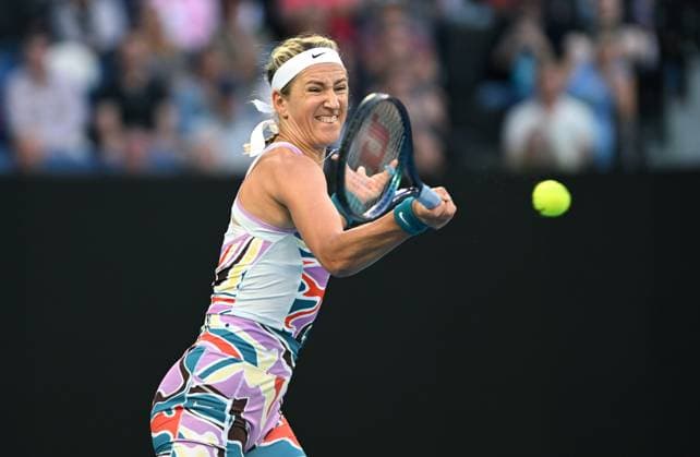 TENNIS AUSTRALIAN OPEN, Victoria Azarenka of Belarus returns to Elena Rybakina of Kazakhstan during their semi final match at the 2023 Australian Open tennis championship at Melbourne Park in Melbourne, Thursday, January 26, 2023. ( NO ARCHIVING, EDITORIAL USE ONLY, NO USE IN BOOKS WITHOUT CONSENT MELBOURNE VICTORIA AUSTRALIA  Copyright: xLUKASxCOCHx 20230126001756737087