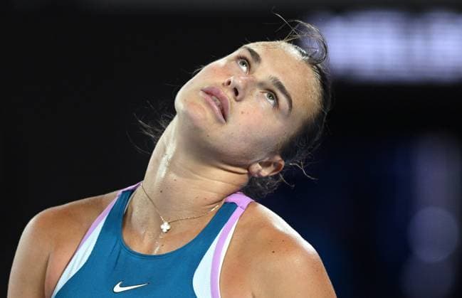 TENNIS AUSTRALIAN OPEN, Aryna Sabalenka of Belarus reacts during her semi final match against Magda Linette of Poland at the 2023 Australian Open tennis championship at Melbourne Park in Melbourne, Thursday, January 26, 2023. ( NO ARCHIVING, EDITORIAL USE ONLY, NO USE IN BOOKS WITHOUT CONSENT MELBOURNE VICTORIA AUSTRALIA  Copyright: xJAMESxROSSx 20230126001756773219