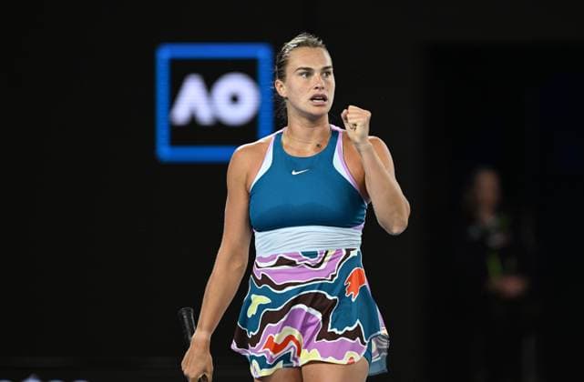 TENNIS AUSTRALIAN OPEN, Aryna Sabalenka of Belarus reacts during her semi final match against Magda Linette of Poland at the 2023 Australian Open tennis championship at Melbourne Park in Melbourne, Thursday, January 26, 2023. ( NO ARCHIVING, EDITORIAL USE ONLY, NO USE IN BOOKS WITHOUT CONSENT MELBOURNE VICTORIA AUSTRALIA  Copyright: xLUKASxCOCHx 20230126001756778126