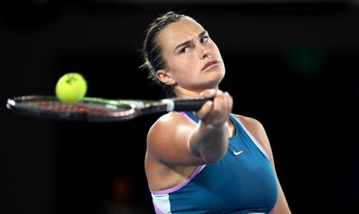 Sport Bilder des Tages TENNIS AUSTRALIAN OPEN, Aryna Sabalenka of Belarus reacts during her semi final match against Magda Linette of Poland at the 2023 Australian Open tennis championship at Melbourne Park in Melbourne, Thursday, January 26, 2023. ( NO ARCHIVING, EDITORIAL USE ONLY, NO USE IN BOOKS WITHOUT CONSENT MELBOURNE VICTORIA AUSTRALIA  Copyright: xLUKASxCOCHx 20230126001756779002