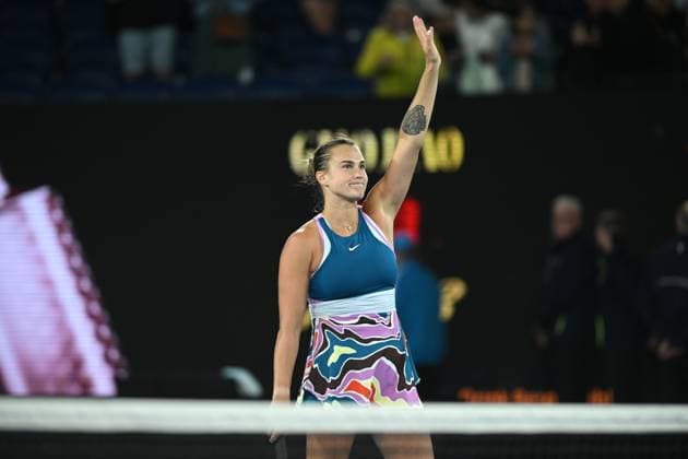 TENNIS AUSTRALIAN OPEN, Aryna Sabalenka of Belarus celebrates after winning her semi final match against Magda Linette of Poland at the 2023 Australian Open tennis championship at Melbourne Park in Melbourne, Thursday, January 26, 2023. ( NO ARCHIVING, EDITORIAL USE ONLY, NO USE IN BOOKS WITHOUT CONSENT MELBOURNE VICTORIA AUSTRALIA  Copyright: xJAMESxROSSx 20230126001756792798