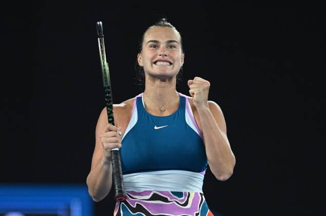TENNIS AUSTRALIAN OPEN, Aryna Sabalenka of Belarus celebrates after winning her semi final match against Magda Linette of Poland at the 2023 Australian Open tennis championship at Melbourne Park in Melbourne, Thursday, January 26, 2023. ( NO ARCHIVING, EDITORIAL USE ONLY, NO USE IN BOOKS WITHOUT CONSENT MELBOURNE VICTORIA AUSTRALIA  Copyright: xJAMESxROSSx 20230126001756793058