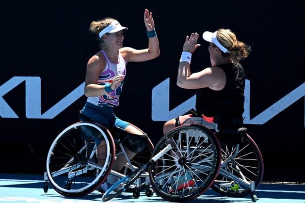 TENNIS AUSTRALIAN OPEN, Diede De Groot (left) and Aniek Van Koot of the Netherlands celebrate after winning their Women?s Wheelchair Doubles final against Yui Kamiji of Japan and Shenzhen Zhu of China at the 2023 Australian Open tennis championship at Melbourne Park in Melbourne, Thursday, January 26, 2023. ( NO ARCHIVING, EDITORIAL USE ONLY, NO USE IN BOOKS WITHOUT CONSENT MELBOURNE VICTORIA AUSTRALIA  Copyright: xLUKASxCOCHx 20230127001757013526