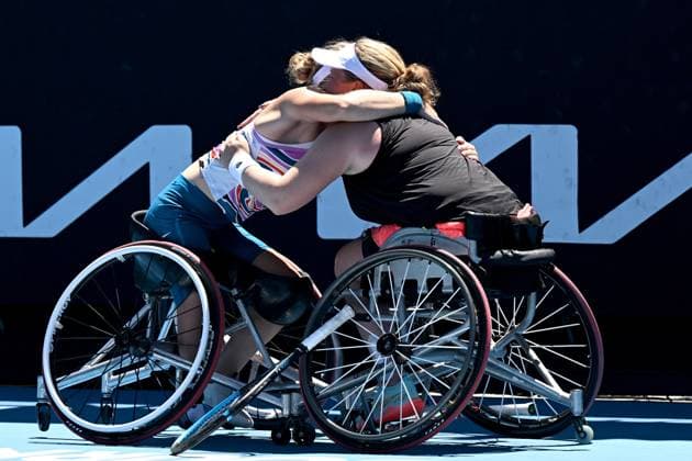 TENNIS AUSTRALIAN OPEN, Diede De Groot (left) and Aniek Van Koot of the Netherlands celebrate after winning their Women?s Wheelchair Doubles final against Yui Kamiji of Japan and Shenzhen Zhu of China at the 2023 Australian Open tennis championship at Melbourne Park in Melbourne, Friday, January 27, 2023. ( NO ARCHIVING, EDITORIAL USE ONLY, NO USE IN BOOKS WITHOUT CONSENT MELBOURNE VICTORIA AUSTRALIA  Copyright: xLUKASxCOCHx 20230127001757013721