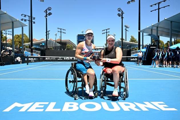 TENNIS AUSTRALIAN OPEN, Diede De Groot (left) and Aniek Van Koot of the Netherlands pose for a photograph after winning their Women?s Wheelchair Doubles final against Yui Kamiji of Japan and Shenzhen Zhu of China at the 2023 Australian Open tennis championship at Melbourne Park in Melbourne, Friday, January 27, 2023. ( NO ARCHIVING, EDITORIAL USE ONLY, NO USE IN BOOKS WITHOUT CONSENT MELBOURNE VICTORIA AUSTRALIA  Copyright: xLUKASxCOCHx 20230127001757016465
