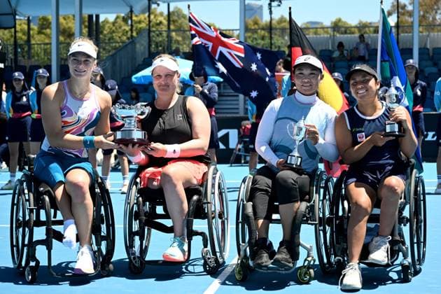 TENNIS AUSTRALIAN OPEN, Diede De Groot (left) and Aniek Van Koot of the Netherlands pose for a photograph after winning their Women?s Wheelchair Doubles final against Yui Kamiji of Japan and Zhenzhen Zhu of China (right) at the 2023 Australian Open tennis championship at Melbourne Park in Melbourne, Friday, January 27, 2023. ( NO ARCHIVING, EDITORIAL USE ONLY, NO USE IN BOOKS WITHOUT CONSENT MELBOURNE VICTORIA AUSTRALIA  Copyright: xLUKASxCOCHx 20230127001757018567