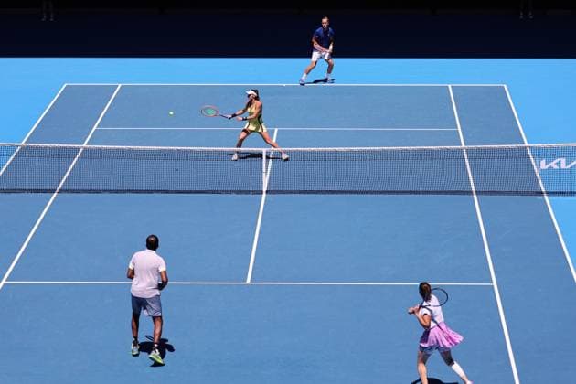 Luisa Stefani and Rafael Matos of Brazil playing against Sania Mirza and Rohan Bopanna of India in the Mixed Doubles Final match, Day 12 at the Australian Open Tennis 2023 at Rod Laver Arena, Melbourne, Australia on 27 January 2023. Copyright: xPeterxDovganx 34782439