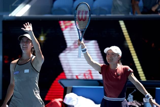 TENNIS AUSTRALIAN OPEN, Ena Shibahara (left) and Shuko Aoyama of Japan gesture after winning the Women?s Doubles semi final against Jessica Pegula and Coco Gauff of the USA at the 2023 Australian Open tennis championship at Melbourne Park in Melbourne, Friday, January 27, 2023. ( NO ARCHIVING, EDITORIAL USE ONLY, NO USE IN BOOKS WITHOUT CONSENT MELBOURNE VICTORIA AUSTRALIA  Copyright: xDIEGOxFEDELEx 20230127001757043420