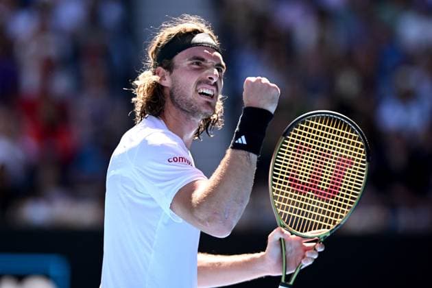TENNIS AUSTRALIAN OPEN, Stefanos Tsitsipas of Greece gestures during the Men?s semi final match against Karen Khachanov of Russia at the 2023 Australian Open tennis championship at Melbourne Park in Melbourne, Friday, January 27, 2023. ( NO ARCHIVING, EDITORIAL USE ONLY, NO USE IN BOOKS WITHOUT CONSENT MELBOURNE VICTORIA AUSTRALIA  Copyright: xJOELxCARRETTx 20230127001757055659