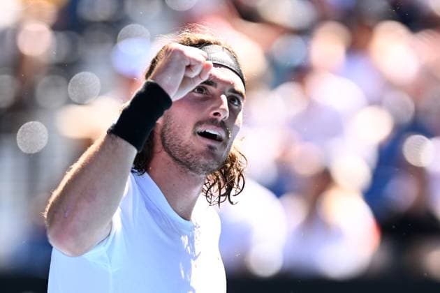 TENNIS AUSTRALIAN OPEN, Stefanos Tsitsipas of Greece gestures during the Men?s semi final match against Karen Khachanov of Russia at the 2023 Australian Open tennis championship at Melbourne Park in Melbourne, Friday, January 27, 2023. ( NO ARCHIVING, EDITORIAL USE ONLY, NO USE IN BOOKS WITHOUT CONSENT MELBOURNE VICTORIA AUSTRALIA  Copyright: xJOELxCARRETTx 20230127001757055730