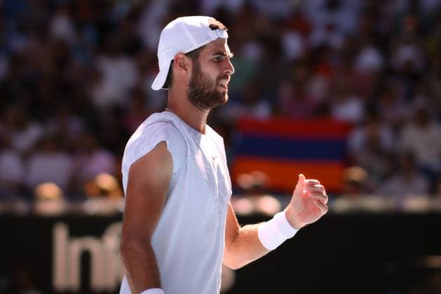 Mandatory Credit: Photo by James Gourley Shutterstock (13736332as) Karen Khachanov during his semi-final match Australian Open, Day Twelve, Tennis, Melbourne Park, Melbourne, Australia - 27 Jan 2023 Australian Open, Day Twelve, Tennis, Melbourne Park, Melbourne, Australia - 27 Jan 2023  Copyright: xJamesxGourley Shutterstockx 13736332as