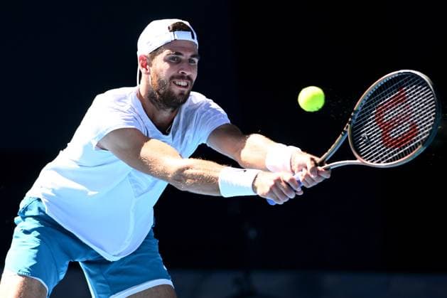 TENNIS AUSTRALIAN OPEN, Karen Khachanov of Russia plays a shot during the Men?s semi final match against Stefanos Tsitsipas of Greece at the 2023 Australian Open tennis championship at Melbourne Park in Melbourne, Friday, January 27, 2023. ( NO ARCHIVING, EDITORIAL USE ONLY, NO USE IN BOOKS WITHOUT CONSENT MELBOURNE VICTORIA AUSTRALIA  Copyright: xJOELxCARRETTx 20230127001757063964