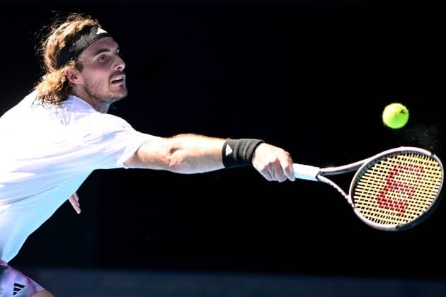 TENNIS AUSTRALIAN OPEN, Stefanos Tsitsipas of Greece plays a shot during the Men?s semi final match against Karen Khachanov of Russia at the 2023 Australian Open tennis championship at Melbourne Park in Melbourne, Friday, January 27, 2023. ( NO ARCHIVING, EDITORIAL USE ONLY, NO USE IN BOOKS WITHOUT CONSENT MELBOURNE VICTORIA AUSTRALIA  Copyright: xJOELxCARRETTx 20230127001757064230