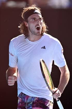 TENNIS AUSTRALIAN OPEN, Stefanos Tsitsipas of Greece reacts during the Men?s semi final match against Karen Khachanov of Russia at the 2023 Australian Open tennis championship at Melbourne Park in Melbourne, Friday, January 27, 2023. ( NO ARCHIVING, EDITORIAL USE ONLY, NO USE IN BOOKS WITHOUT CONSENT MELBOURNE VICTORIA AUSTRALIA  Copyright: xJOELxCARRETTx 20230127001757064572