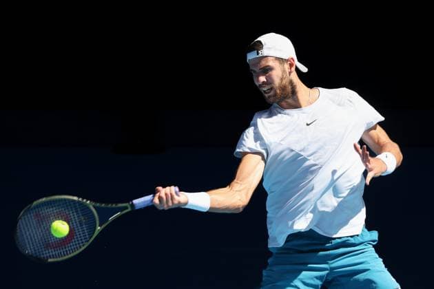January 27, 2023: 18th seed KAREN KHACHANOV of the Russian Federation in action against 3rd seed STEFANOS TSITSIPAS of Grenada on Rod Laver Arena in a Men s Singles Semifinal match on day 12 of the 2023 Australian Open in Melbourne, Australia. Cal Media USA - ZUMAc04_ 20230127_zaf_c04_003 Copyright: xSydneyxLowx
