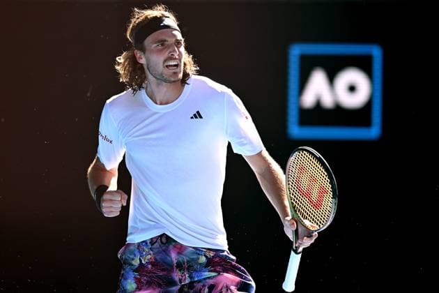 TENNIS AUSTRALIAN OPEN, Stefanos Tsitsipas of Greece reacts during the Men?s semi final match against Karen Khachanov of Russia at the 2023 Australian Open tennis championship at Melbourne Park in Melbourne, Friday, January 27, 2023. ( NO ARCHIVING, EDITORIAL USE ONLY, NO USE IN BOOKS WITHOUT CONSENT MELBOURNE VICTORIA AUSTRALIA  Copyright: xJOELxCARRETTx 20230127001757068536