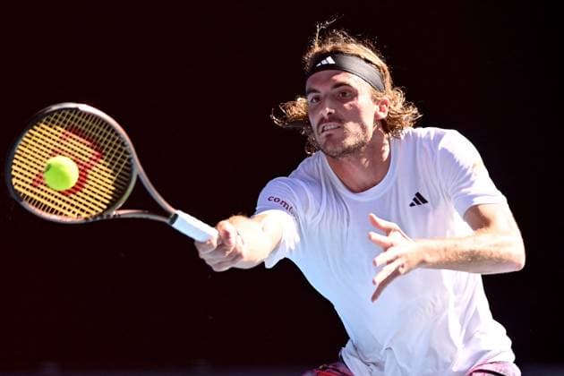 TENNIS AUSTRALIAN OPEN, Stefanos Tsitsipas of Greece plays a shot during the Men?s semi final match against Karen Khachanov of Russia at the 2023 Australian Open tennis championship at Melbourne Park in Melbourne, Friday, January 27, 2023. ( NO ARCHIVING, EDITORIAL USE ONLY, NO USE IN BOOKS WITHOUT CONSENT MELBOURNE VICTORIA AUSTRALIA  Copyright: xJOELxCARRETTx 20230127001757069650