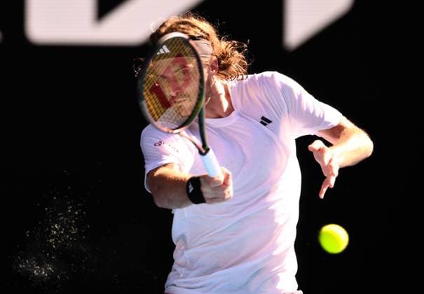Mandatory Credit: Photo by James Gourley Shutterstock (13736332by) Stefanos Tsitsipas during his semi-final match Australian Open, Day Twelve, Tennis, Melbourne Park, Melbourne, Australia - 27 Jan 2023 Australian Open, Day Twelve, Tennis, Melbourne Park, Melbourne, Australia - 27 Jan 2023  Copyright: xJamesxGourley Shutterstockx 13736332by
