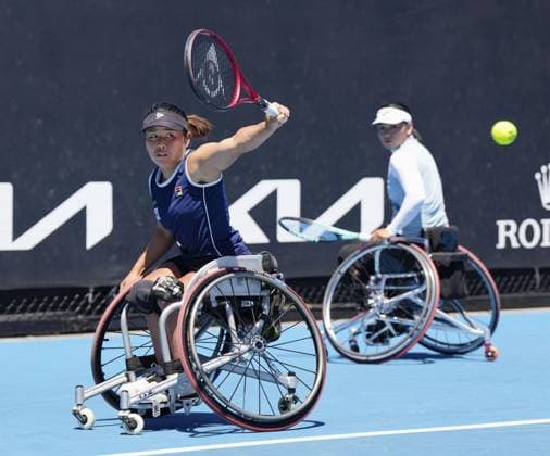 Tennis: Australian Open Japan s Yui Kamiji (L) and China s Zhu Zhenzhen play against Dutch pair Diede De Groot and Aniek Van Koot in the women s wheelchair doubles final at the Australian Open tennis tournament in Melbourne on Jan. 27, 2023.  A14AA0001389647P 