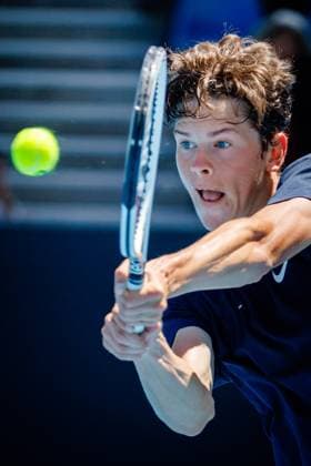 Alexander Blockx ATP, Tennis Herren 1306) pictured during a tennis match between Belgian Blockx and Chinese Zhou, in the semifinals of the junior boys singles at the Australian Open tennis Grand Slam, Friday 27 January 2023 in Melbourne Park, Melbourne, Australia. PATRICKxHAMILTON  x58801712x