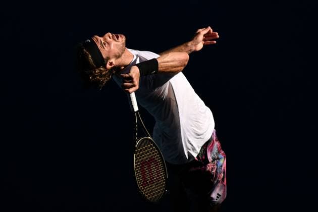 TENNIS AUSTRALIAN OPEN, Stefanos Tsitsipas of Greece serves during the Men?s semi final match against Karen Khachanov of Russia at the 2023 Australian Open tennis championship at Melbourne Park in Melbourne, Friday, January 27, 2023. ( NO ARCHIVING, EDITORIAL USE ONLY, NO USE IN BOOKS WITHOUT CONSENT MELBOURNE VICTORIA AUSTRALIA  Copyright: xLUKASxCOCHx 20230127001757076193