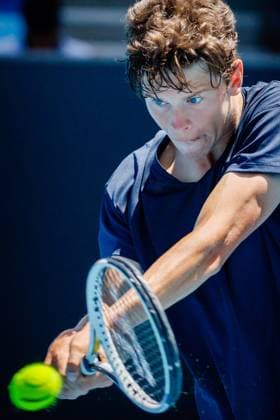 Alexander Blockx ATP, Tennis Herren 1306) pictured during a tennis match between Belgian Blockx and Chinese Zhou, in the semifinals of the junior boys singles at the Australian Open tennis Grand Slam, Friday 27 January 2023 in Melbourne Park, Melbourne, Australia. PATRICKxHAMILTON  x58801748x
