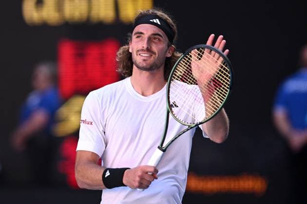 TENNIS AUSTRALIAN OPEN, Stefanos Tsitsipas of Greece celebrates after winning his Men?s semi final match against Karen Khachanov of Russia at the 2023 Australian Open tennis championship at Melbourne Park in Melbourne, Friday, January 27, 2023. ( NO ARCHIVING, EDITORIAL USE ONLY, NO USE IN BOOKS WITHOUT CONSENT MELBOURNE VICTORIA AUSTRALIA  Copyright: xJOELxCARRETTx 20230127001757079662
